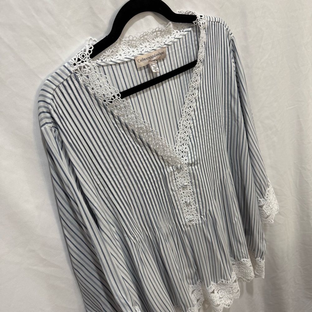 Catherine Malandrino 3X Striped Boho Blouse Lace Trim Top Cottagecore Coastal‎ - Picture 3 of 15